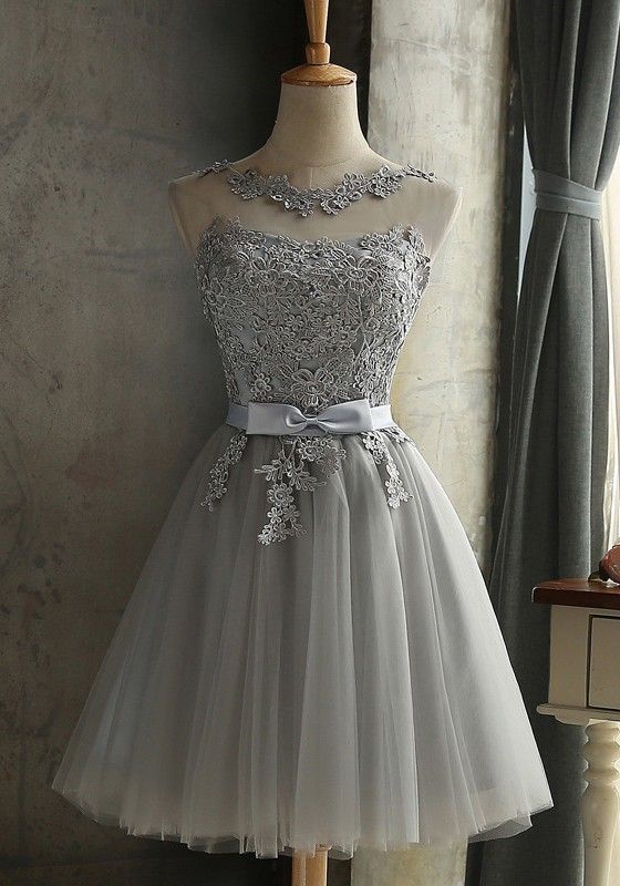 Grey Tulle Cute Knee Length Prom Dress Lace Applique, Homecoming Dresses, Cute Party Dresses 2018