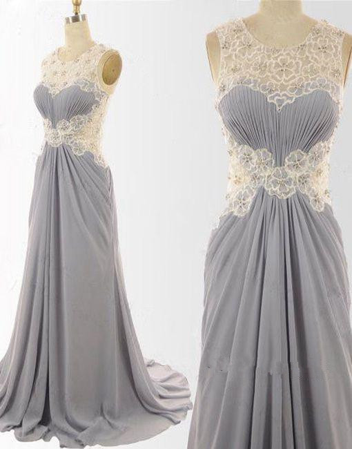 Elegant Grey Long Chiffon Prom Dresses, Grey Wedding Party Dresses With Lace Detail, Party Dresses 2018