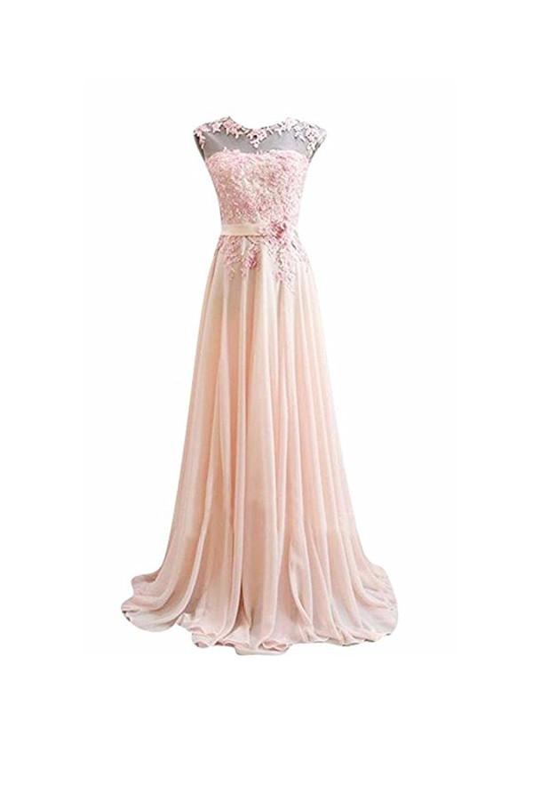 A Line Pink Long Lace Chiffon Prom Evening Dresses, Pink Bridesmaid Dresses, Formal Gowns