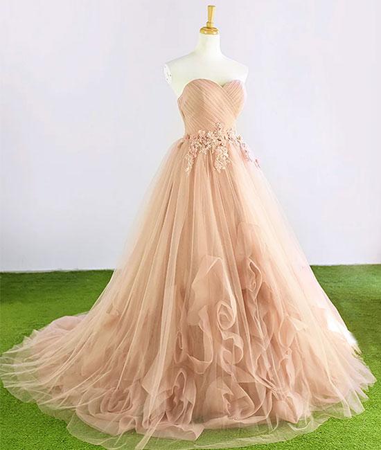 Champagne Tulle Prom Dresses, Gorgeous Lace-up Sweetheart Party Dresses, Long Prom Dresses 2018