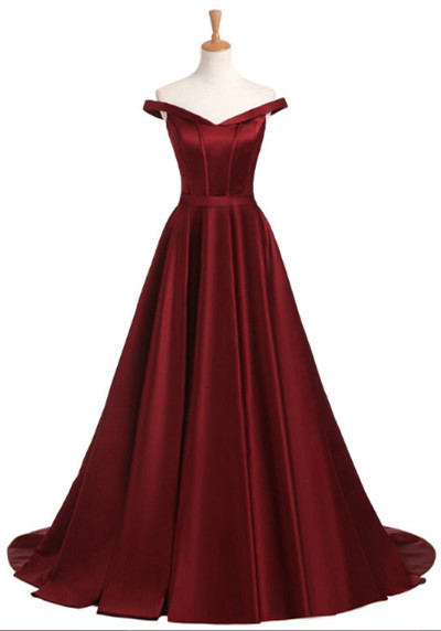 Wine Red Satin Off Shoulder A-line Popular Prom Dresses, Long Stylish Prom Dress 2018, Burgundy Formal Dresses