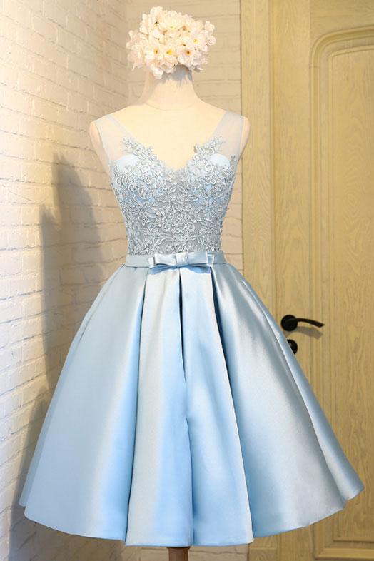 Light Blue Satin Short Prom Dresses, Blue Dresses, Lovely
