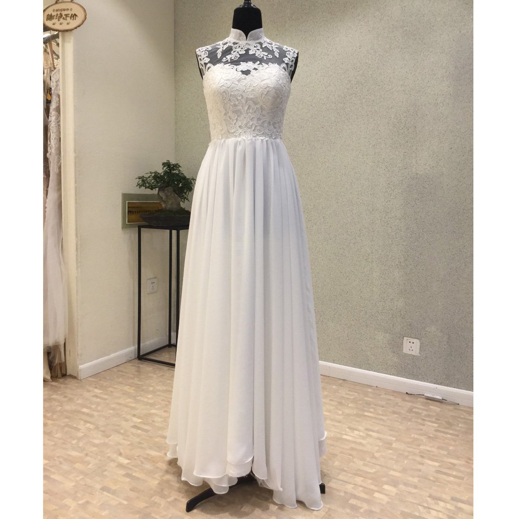 Elegant High Neck Lace Top And Chiffon Skirt Long Party Dresses, White Formal Dresses, Evening Gowns , Simple Wedding Dresses