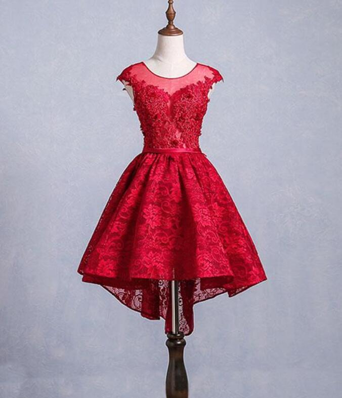 dark red prom dresses short open lace back dress A Line V Neck Short Backless Red Lace Prom Dresses, Short  Red