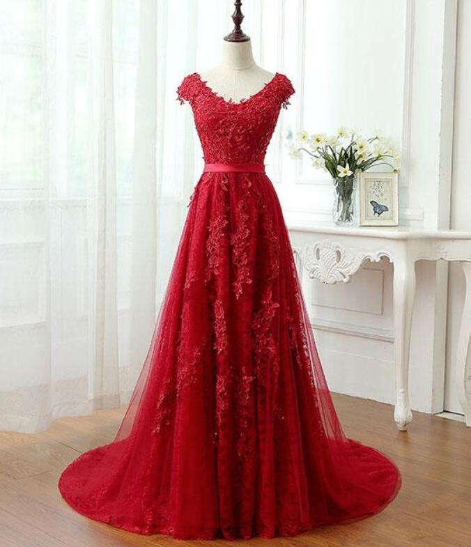 Lace And Tulle Long Burgundy Style Prom Dresses, Elegant Formal Dresses, A-line Floor Length Party Dressses