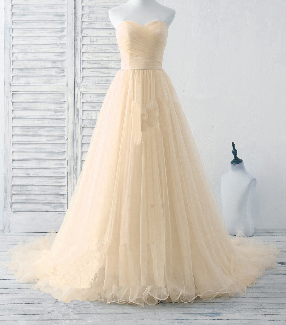 Lovely Light Champagne Tulle Sweetheart Prom Dresses, Tulle Party Gowns, Formal Dresses