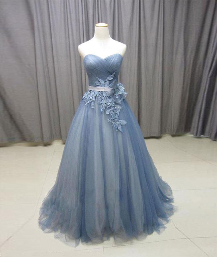 Gorgeous A-line Sweetheart Gray Blue Tulle Lace Long Prom Dress With Appliques, Vintage Style Formal Dresses, Prom Dresses 2018