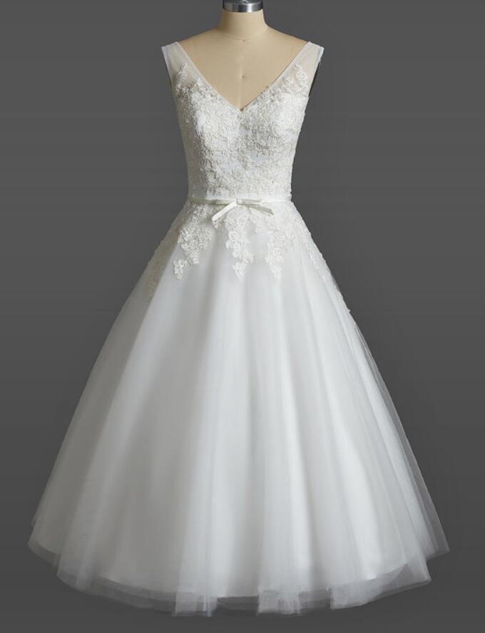 Tea Length Vintage White Wedding Dresses, Adorable Wedding Dresses, Party Dresses 2018