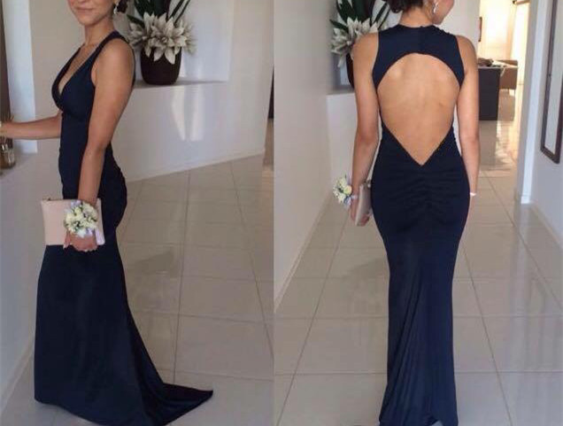 V-neckline Navy Blue Mermaid Evening Dresses 2018, Sexy Open Back Party Gowns, Prom Dresses