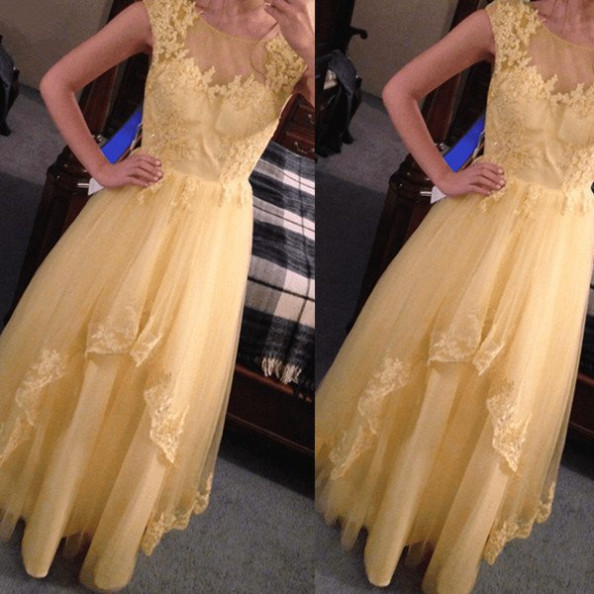 Light Yellow Unique Style Tulle With Applique Long Party Dresses, Yellow Prom Dresses 2018, Elegant Formal Gowns