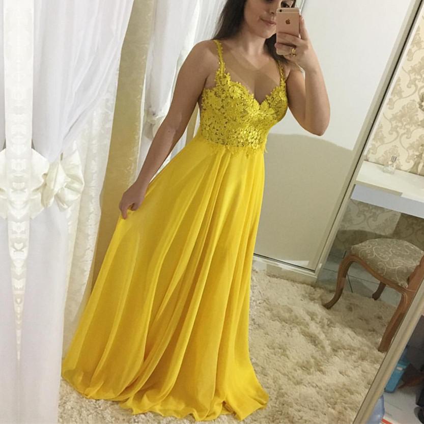Yellow Lace And Chiffon Straps Prom Dresses 2018, A-line Formal Gowns, Party Dresses