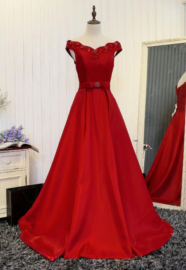 Satin Red Long Prom Dress With Beadings, Red Lace-up Junior Prom Dresses, Prom Dresses 2018