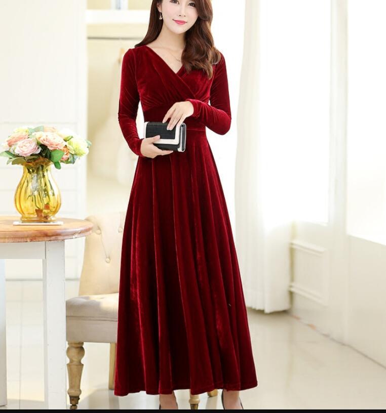 Wine Red A line Long Sleeves Winter Dresses Women Long Dresses Velvet Dresses Blue Vintage Dresses