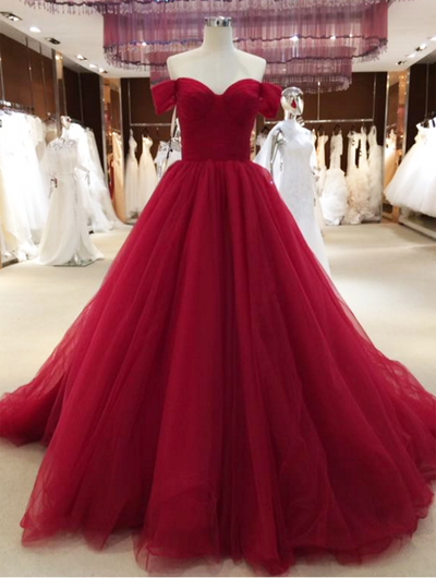 Wine Red Off Shoulder Princess Prom Gowns, Tulle Party Gowns, Gorgeous Formal Dresses 2018