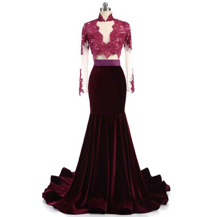 Charming Long Sleeves Mermaid Lace And Velvet Prom Gowns, Sexy Evening Dresses, Formal Gowns