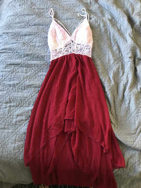 White Lace Top Straps Prom Dress With Wine Red Chiffon High Low Skirt, High Low Party Dresses, Homecoming Dresses