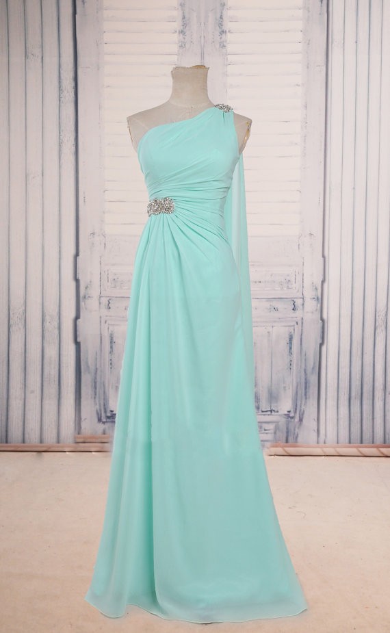Mint Green One Shoulder Long Party Dress With Embellished Waistline, Wedding Party Dresses, Bridesmaid Dresses