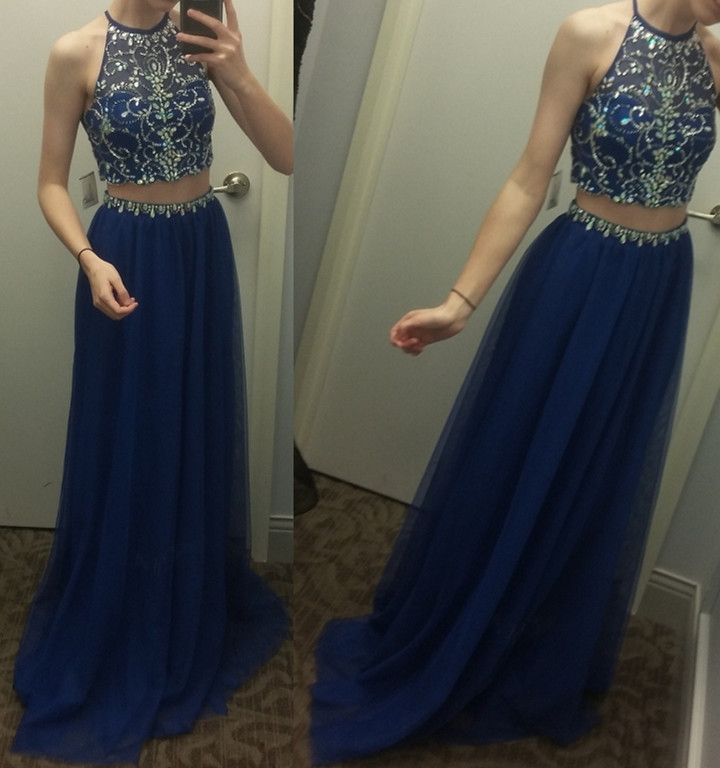 Blue Beaded Two Piece Party Dresses, Tulle Formal Gowns, Party Dresses