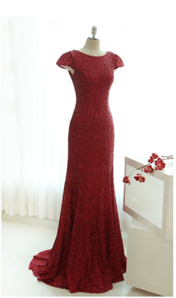 Dark Red Sequins Floor Length Cap Sleeve Party Dresses, Sequins Bridesmaid Dresses, Formal Dresses