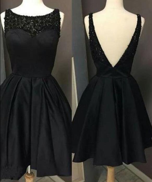 Black Short Satin V Back Prom Dresses, Beaded Little Black Dresses, Homecoming Dresses