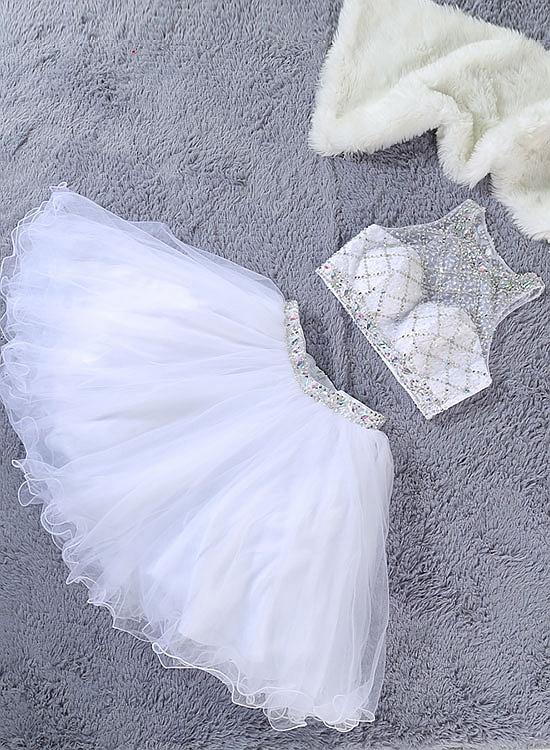Lovely White Two Piece Beaded Tulle Prom Dresses, Short Prom Dresses, Homecoming Dresses