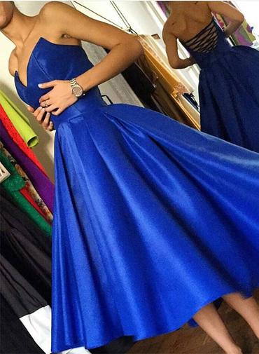 Royal Blue Sweetheart Tea Length Lace-up Homecoming Dresses, Chic Prom Dresses, Formal Dresses