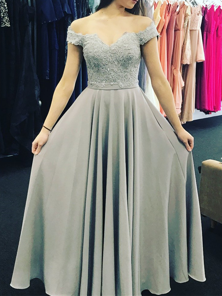 Grey Chiffon Applique Off Shoulder Prom Dresses 2018, Prom Dresses Style, Party Dresses