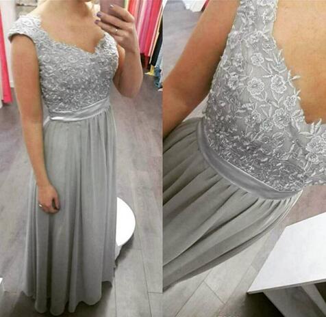 Sliver Grey Floor Length Chiffon And Floral Lace Applique Bridesmaid Dresses, Long Prom Dresses, Prom Dress 2018