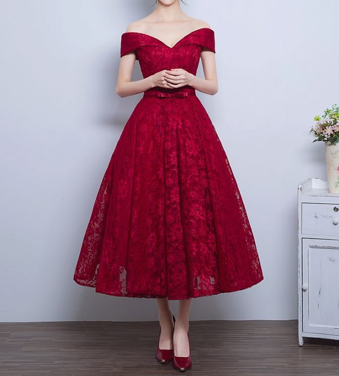 Vintage Inspired Off Shoulder Lace Prom Formal Dress, Lace Evening Dress, Wine Red Tea Length Party Dresses