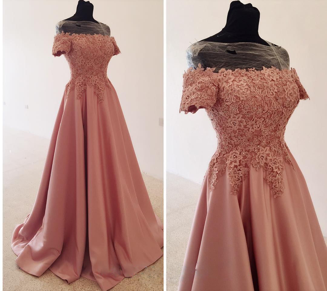 Pink Satin Long Off Shoulder Applique Prom Dresses, Prom Dresses 2018, Formal Gowns
