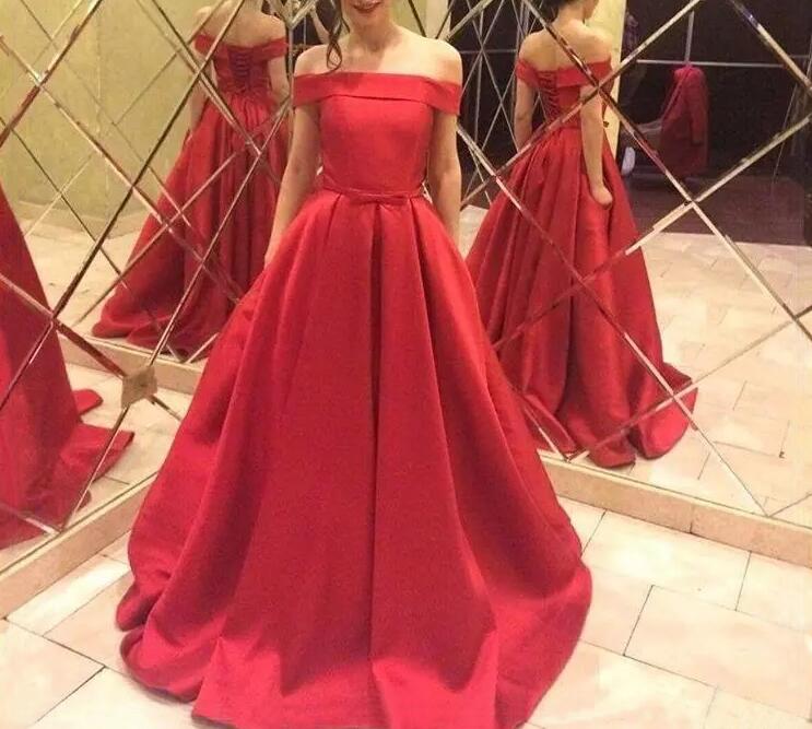 Red Off Shoulder Satin Long Prom Dresses 2018, Red Party Dresses, Formal Gowns