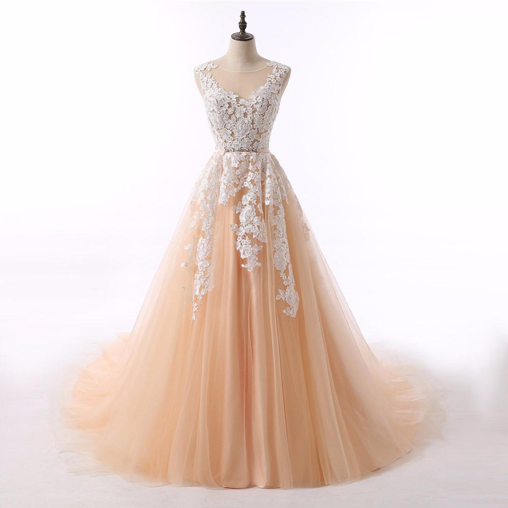 Champagne Tulle Long Ball Gown Party Dress With Lace Applique, Prom Dresses 2018, Formal Gowns