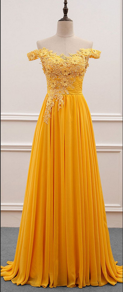 Yellow Off Shoulder Long Chiffon Party Dresses, A-line Prom Dresses, Party Dress With Lace Applique