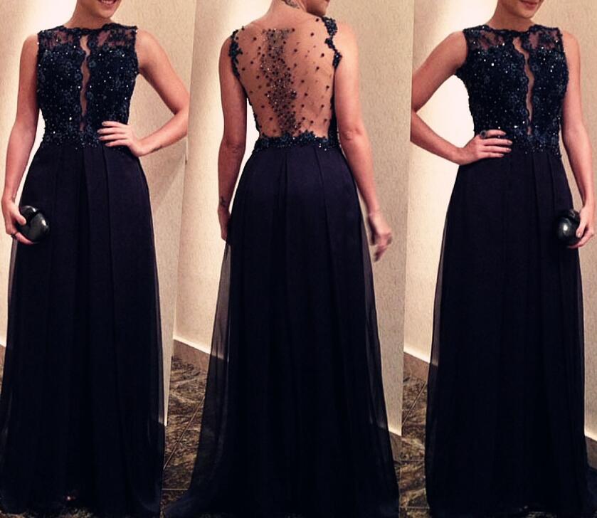Black See Through Beaded Back Long Prom Dresses 2018, Prom Dresses For , Wedding Party Dresses