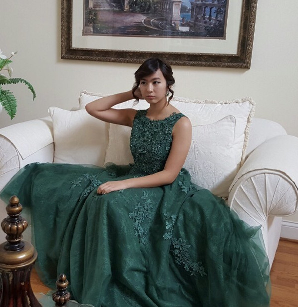 Dark Green Tulle And Lace Applique Round Neckline Formal Dresses, Green Prom Dresses, Party Dresses