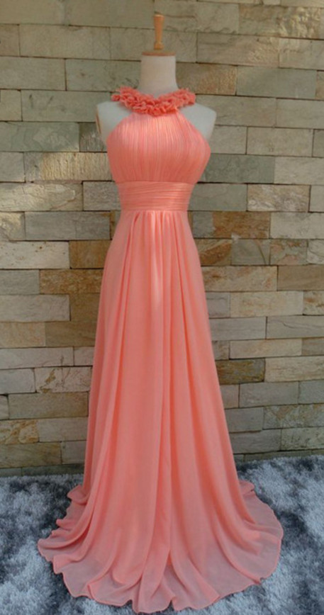 Coral Chiffon Halter Floral Long Bridesmaid Dresses, Lovely Prom Dresses 2018, Party Dresses
