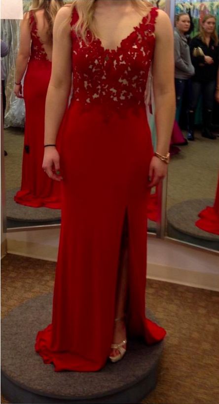 Red Spandex Lace Applique Bodice Slit Long Prom Dresses, Red Party Dresses, Formal Dresses