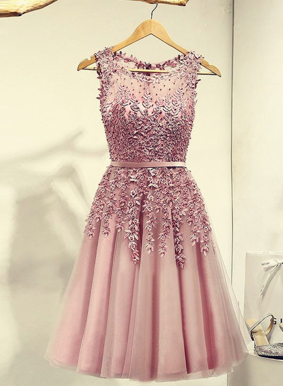 Pink Prom Dresses 2018, Applique And Beaded Knee Length Party Dresses, Formal Gowns