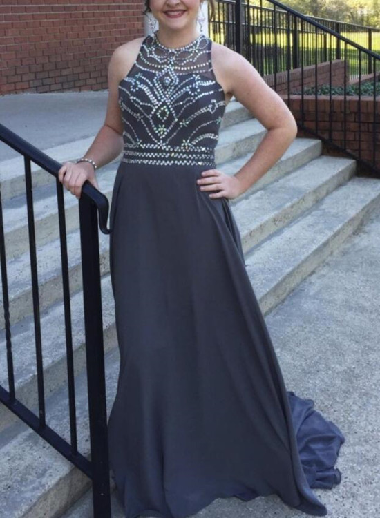 a line prom dress blue Gorgeous Long Blue A-line Off-the-shoulder Sleeveless Sequined Prom Dress With Detachable Train main image 0