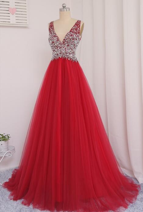 Red Tulle V Neckline Beaded And Sequins Sparkle Party Dresses, Red Formal Dresses, Evening Gowns