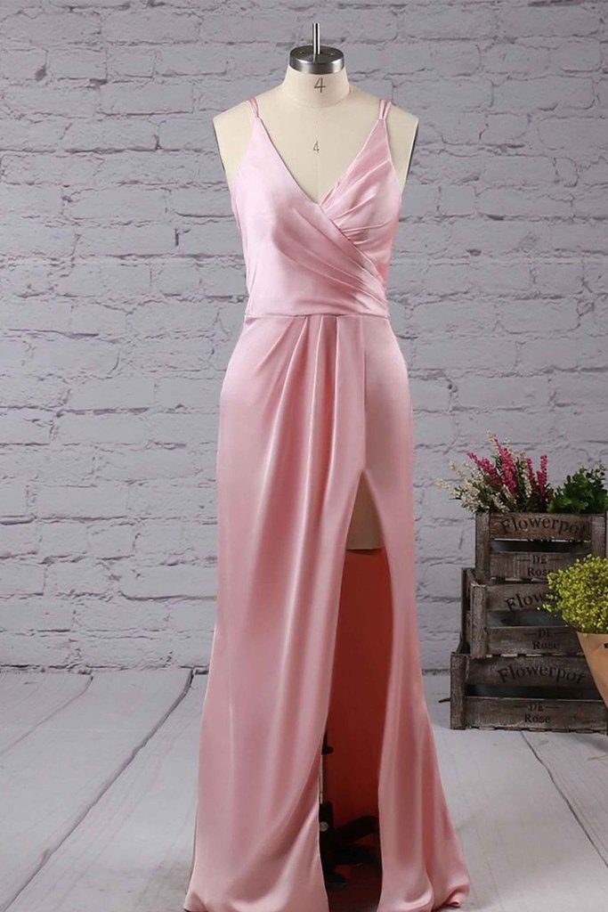 Custom Made Pink Sleeveless V-neckline Satin Floor Length Evening Dress, Prom Dress With High Split