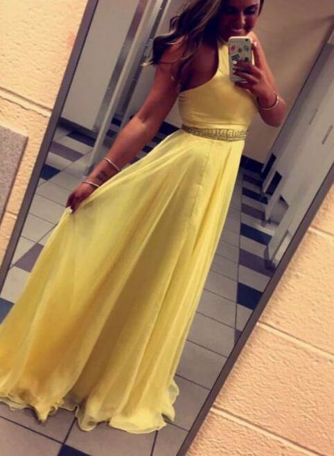 Yellow Halter Prom Dresses, A-line Chiffon Beaded Formal Dresses, Yellow Junior Prom Dresses