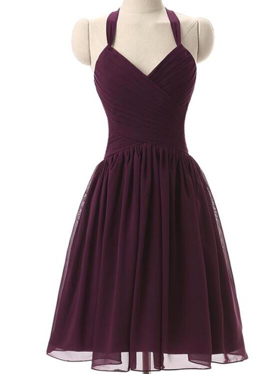Purple Short Knee Length Bridesmaid Dresses, Halter Bridesmaid Dresses, Wedding Party Dresses