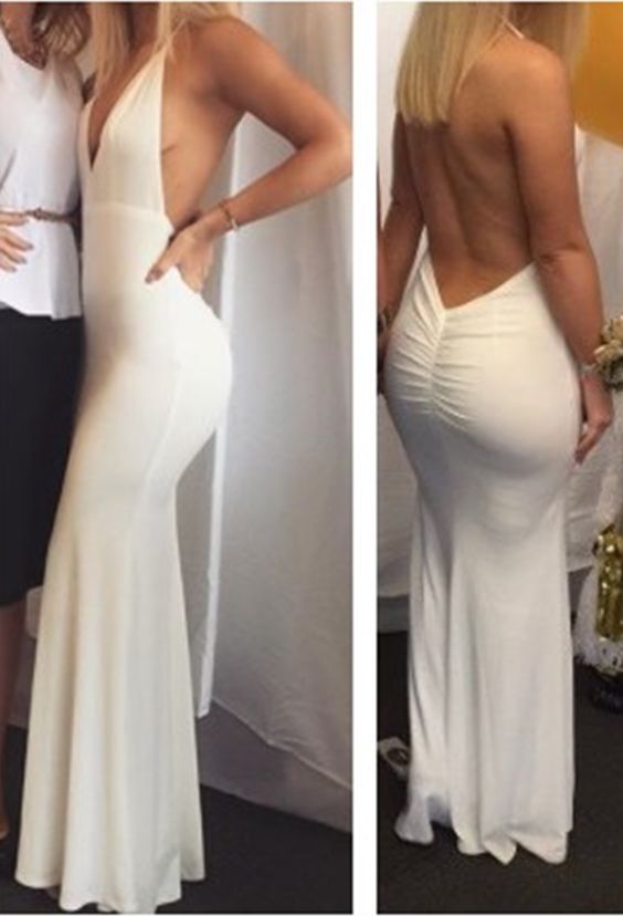 White Sexy Backless Prom Dresses, V-neckline Party Dresses, Formal Dresses