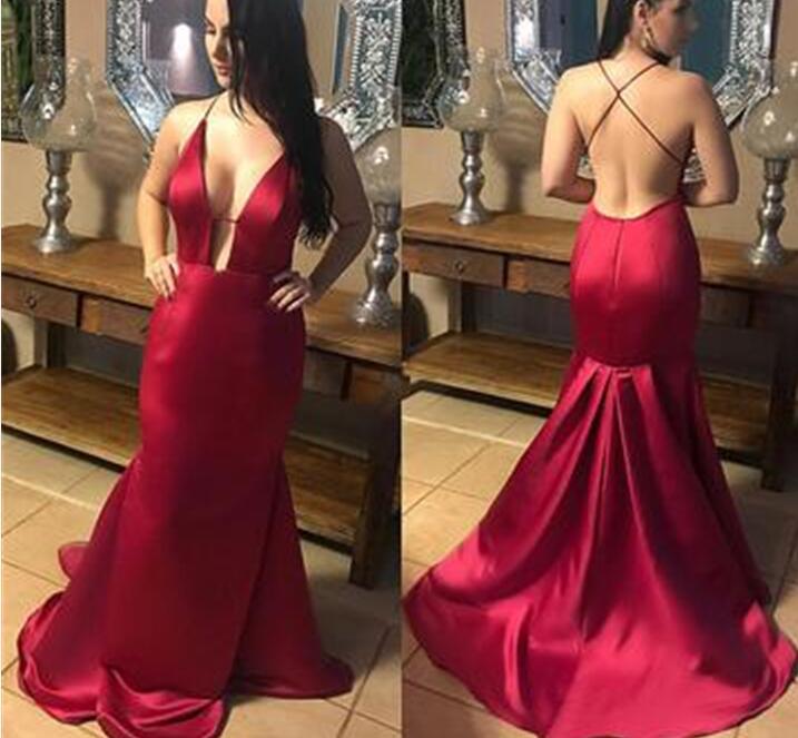 Red Sexy Satin V-neckline Party Gown, Red Formal Dresses, Straps Evening Dresses
