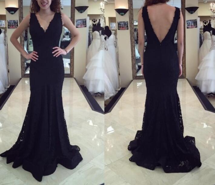 Sexy Black Lace Mermaid V Back Long Party Dress, Lace Formal Gowns, Party Dresses