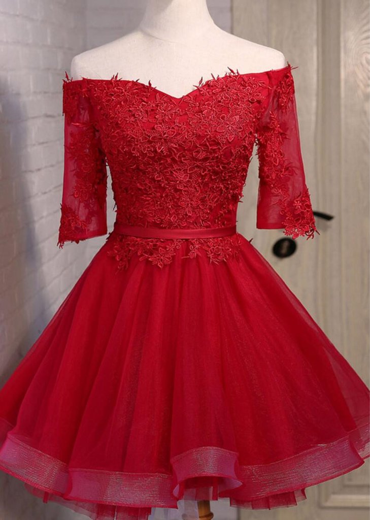 Red Tulle And Applique Off Shoulder Knee Length Dresses, Short Prom Dresses, Homecoming Dresses