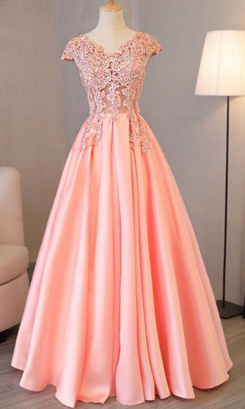 Pink Satin Long Party Dresses, Formal Dress 2018, Junior Party Dresses
