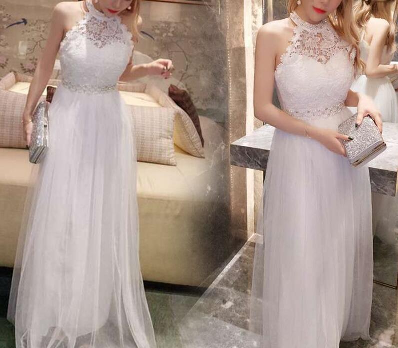 Sexy White Halter Tulle Beaded And Lace Long Prom Dresses, Tulle Party Dress, Formal Dresses