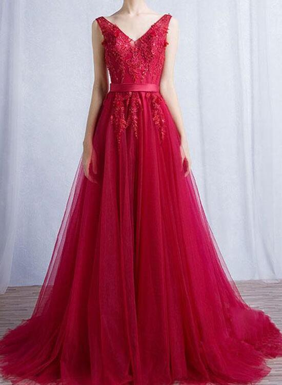 Red Tulle Formal Dresses, A-line Party Dresses, Evening Gowns 2018